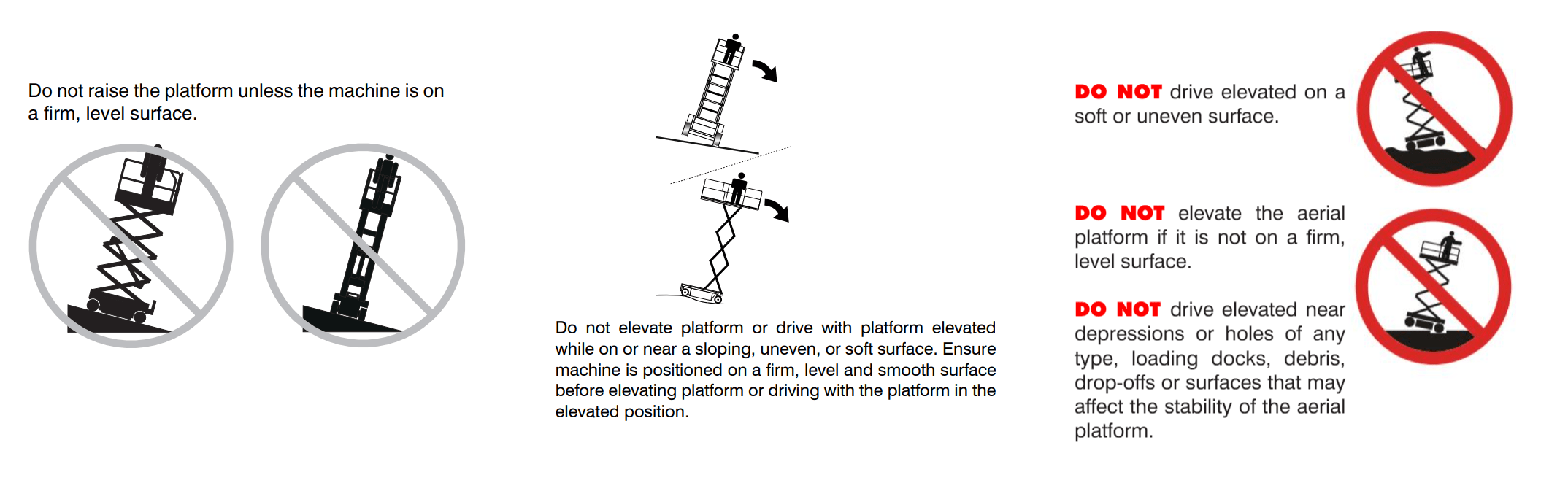 raise-extending-on-slopes-scissor-lift-warnings Warnings from Genie, JLG, and Skyjack prohibiting raising a scissor lift on uneven ground