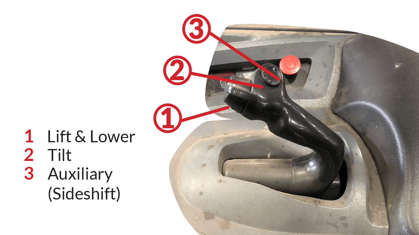 The hydraulic controls on a stand-up counterbalance forklift