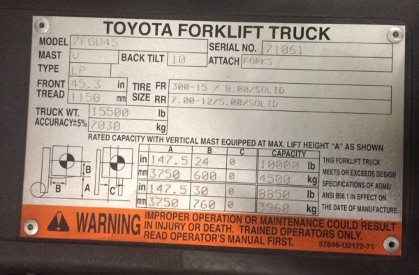 The data plate on a Toyota propane forklift