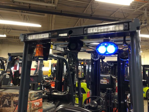 forklift-rear-blue-light A blue warning light mounted on the back of a Toyota forklift