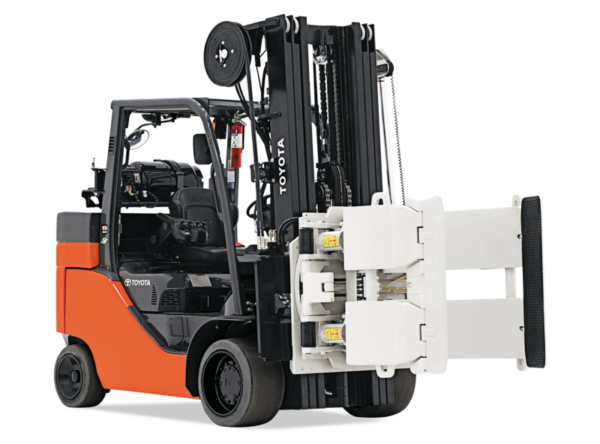 toyota-forklift-with-paper-roll A Toyota Paper Roll Special propane forklift