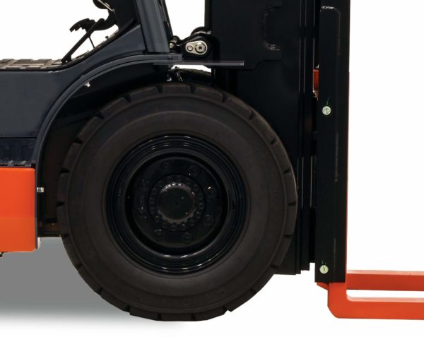 A pneumatic drive tire on a Toyota diesel forklift