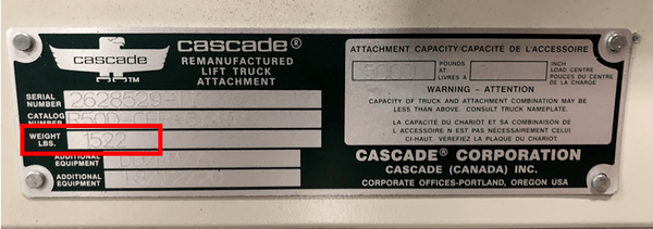A Cascade forklift attachment data tag with the weight marked