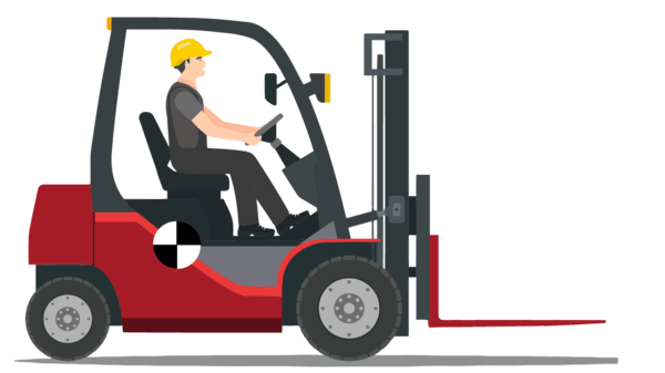 An illustration showing that the center of gravity of an unloaded forklift is under the operator's seat