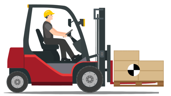 An illustration showing that the center of gravity of an unevenly-distributed load is not in the direct center of the load