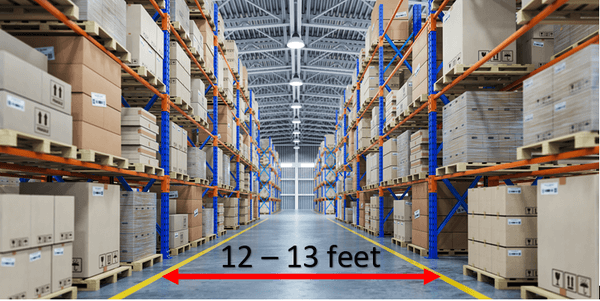 A wide warehouse aisle