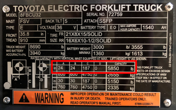 A Toyota forklift data tag showing the capacity derate
