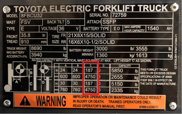 The lift height rating on a forklift data plate