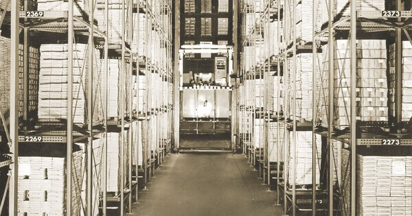 Looking down an aisle of pallet racking
