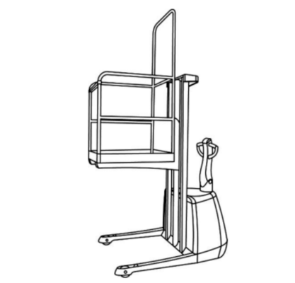 An illustration of a walkie stacker with a personnel lifting platform on the forks