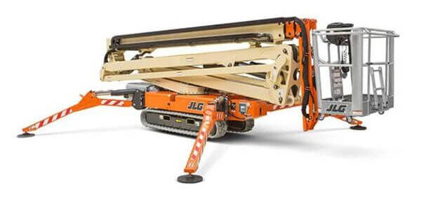 A JLG articulating boom lift with outriggers