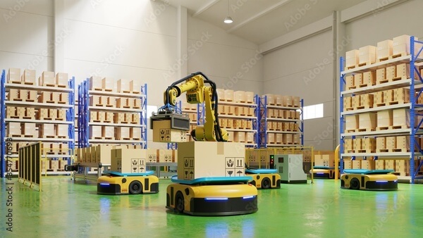 robotic-safety An ASRS crane loading boxes onto shuttles