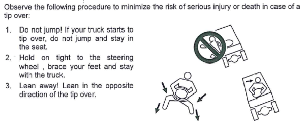 An illustration demonstrating that sit-down forklift operators should remain in their seat if the truck begins to tip over
