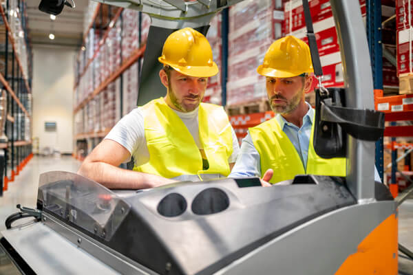 A trainer explaining how to operate a stand-up forklift to an operator trainee