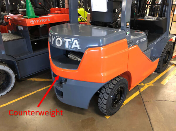 The counterweight on a Toyota counterbalance forklift