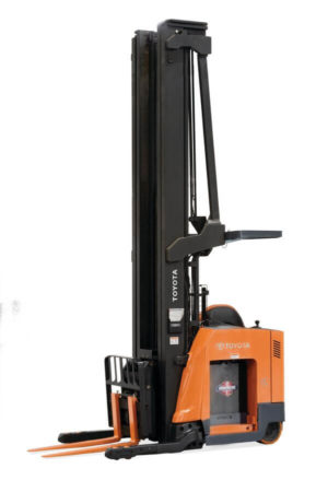 A Toyota high-capacity reach truck with a tall mast