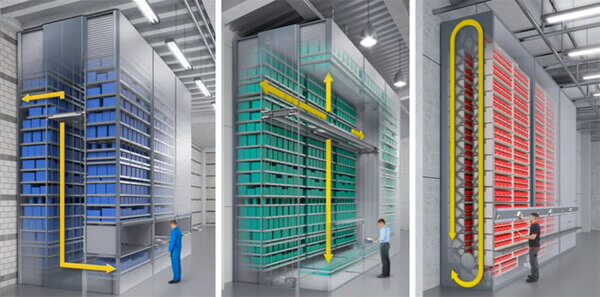 An illustration showing that a certical carousel ASRS system moves trays inside of it