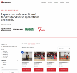 A screenshot showing Conger Industries' pallet jack selection