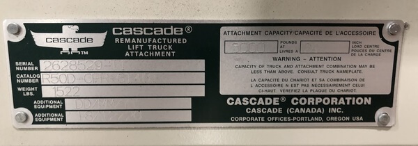 A data plate from a Cascade forklift attachment