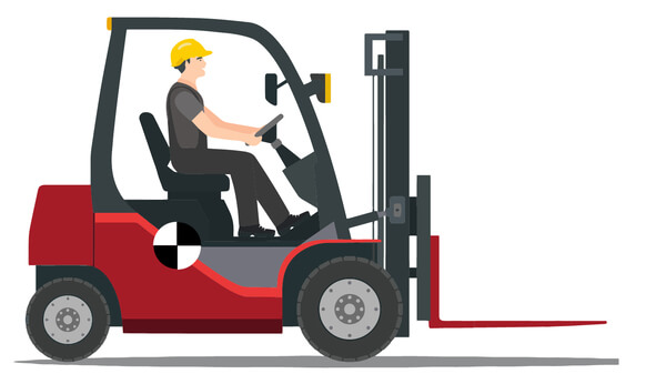 An illustration showing that the center of gravity of an unloaded forklift is under the operator's seat