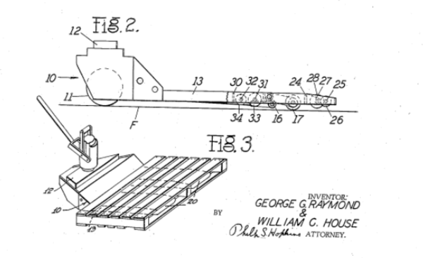 A patent illustration for the first pallet jack invented in 1939