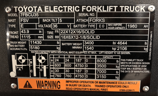 A Toyota 7FBCU35 forklift data plate