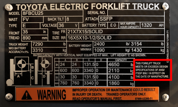 The industry compliance section of a forklift data plate