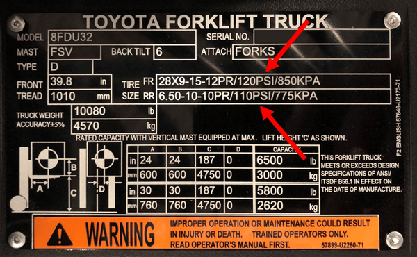 The tire pressure rating for a Toyota forklift with air-filled tires