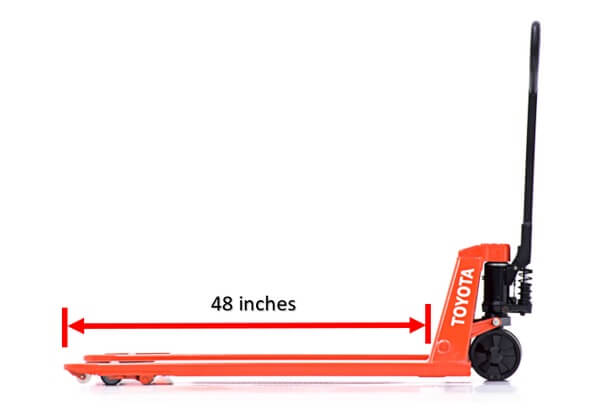 A Toyota hand pallet truck with 48 inch forks