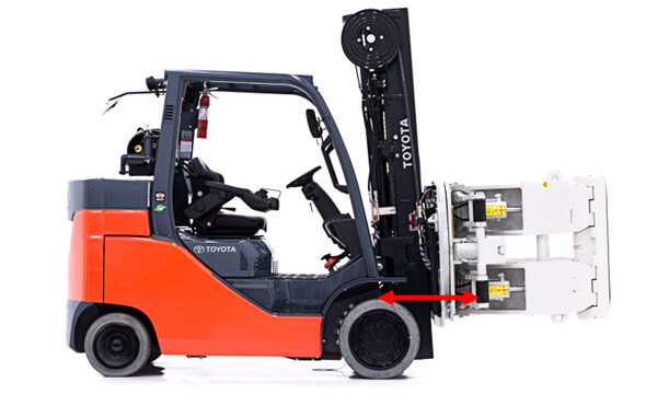 A forklift with a paper roll clamp installed showing the attachment's effective thickness