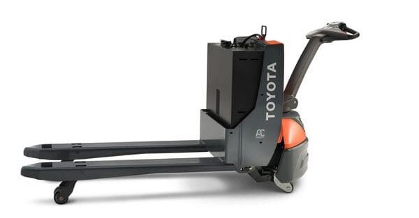 A Toyota electric walkie pallet jack with the forks raised