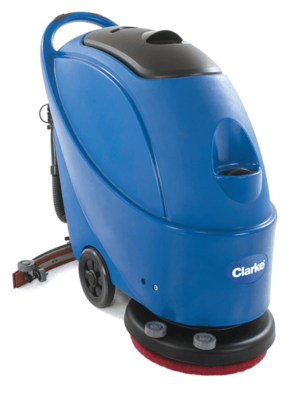 A Clarke CA30 walk-behind floor scrubber with a disc scrub deck and red pad