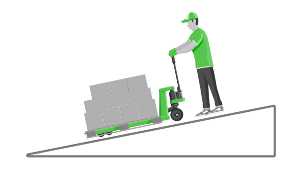 A cartoon worker pushing a hand pallet jack on a ramp