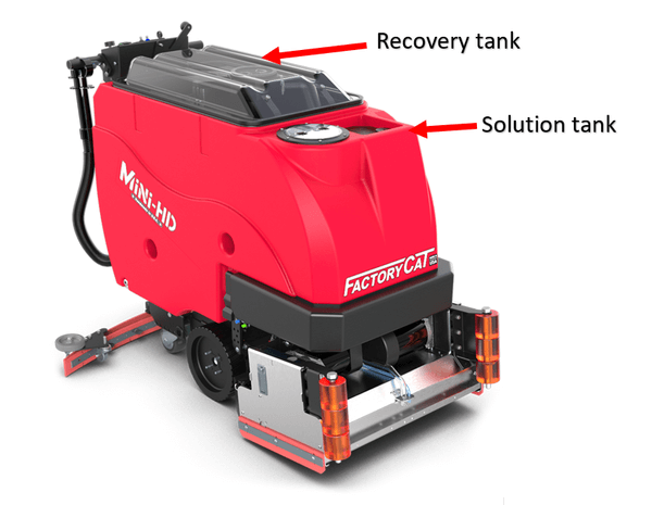 A Factory Cat Mini-HD walk-behind floor scrubber with the solution and recovery tanks marked