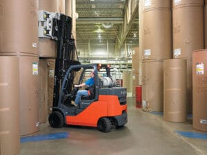 Forklift and stacked Paper Rolls