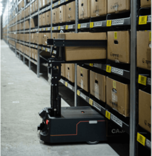 amr-loading-cardboard-box-in-racking An AMR retrieving a cardboard box from a storage shelf