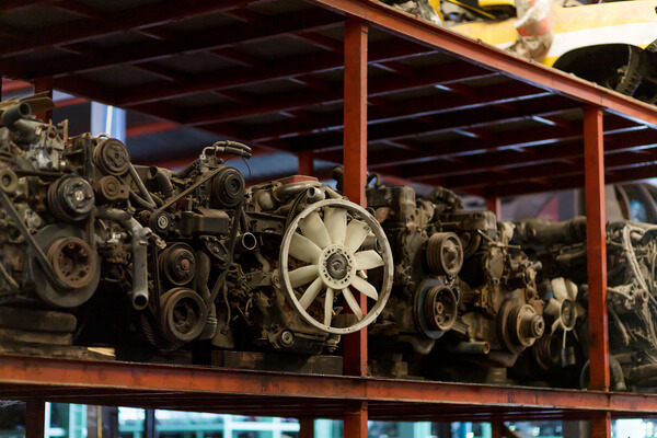 Pallet racking holding various engine assemblies