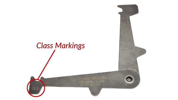 A Cascade forklift fork caliper with the class markings