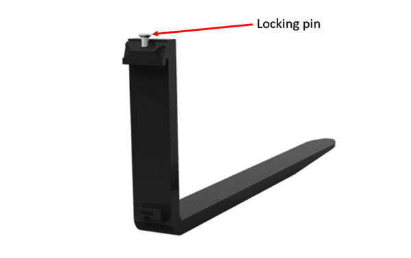 A forklift fork locking pin marked