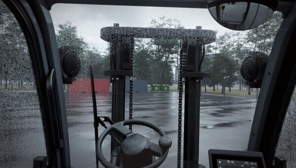 The view as seen from the inside of a forklift