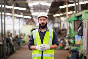 Portrait Professional mechanical engineering hispanic male in white safety hard hat helmet and look at camera at metal factory