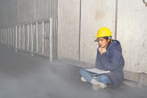 Accident female worker wearing sweater stuck inside the warehouse freezer