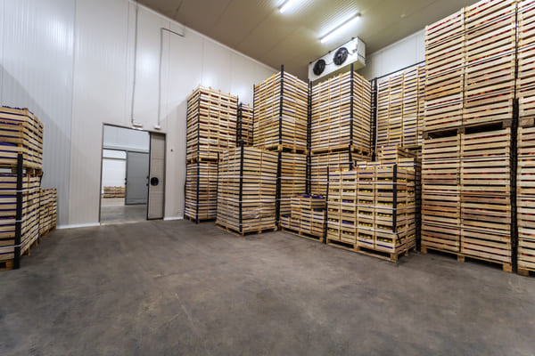 cold-storage-warehouse-with-produce-crates A cold storage warehouse with crates of produce
