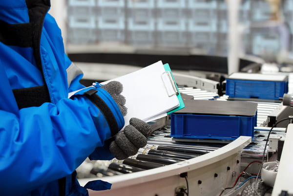 A worker wearning winter gloves and a winter coat writing on a clipboard next to a conveyor