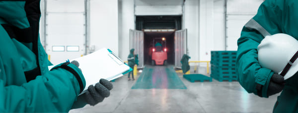 Two workers dressed in winter clothes and standing in a receiving dock inside a warehouse