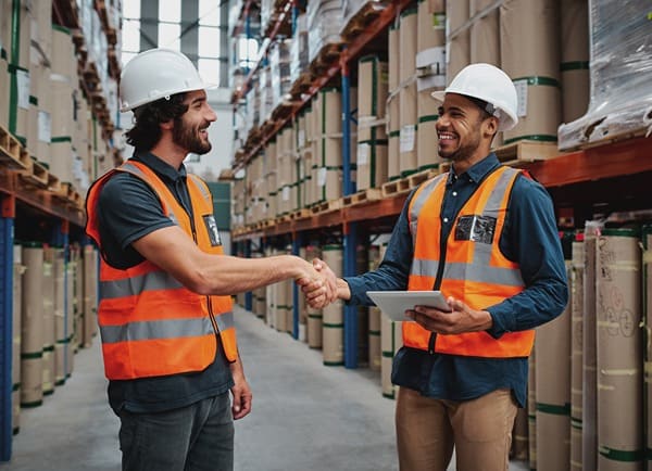 Two warehouse workers shaking hands