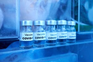 COVID-19 vaccine vials stored in a cold storage container