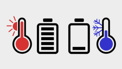 Icons showing that batteries lose capacity as the temperature drops