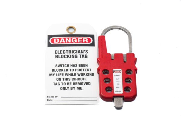 A lockout/tagout lock and tags