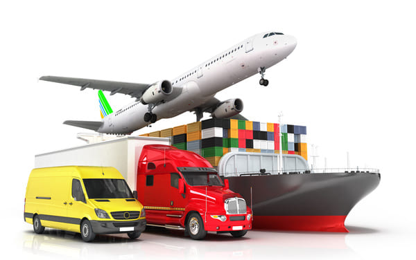 An illustration showing a delivery van, semi-truck, container ship, and airplane